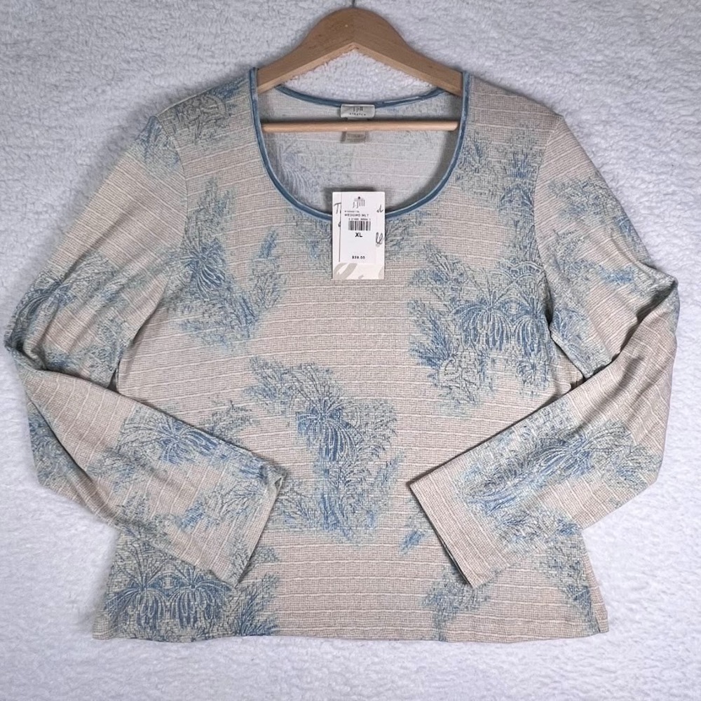 Coastal Botanical Scoop‎ Neck Top Blue Beige Soft Minimalist Stretch XL